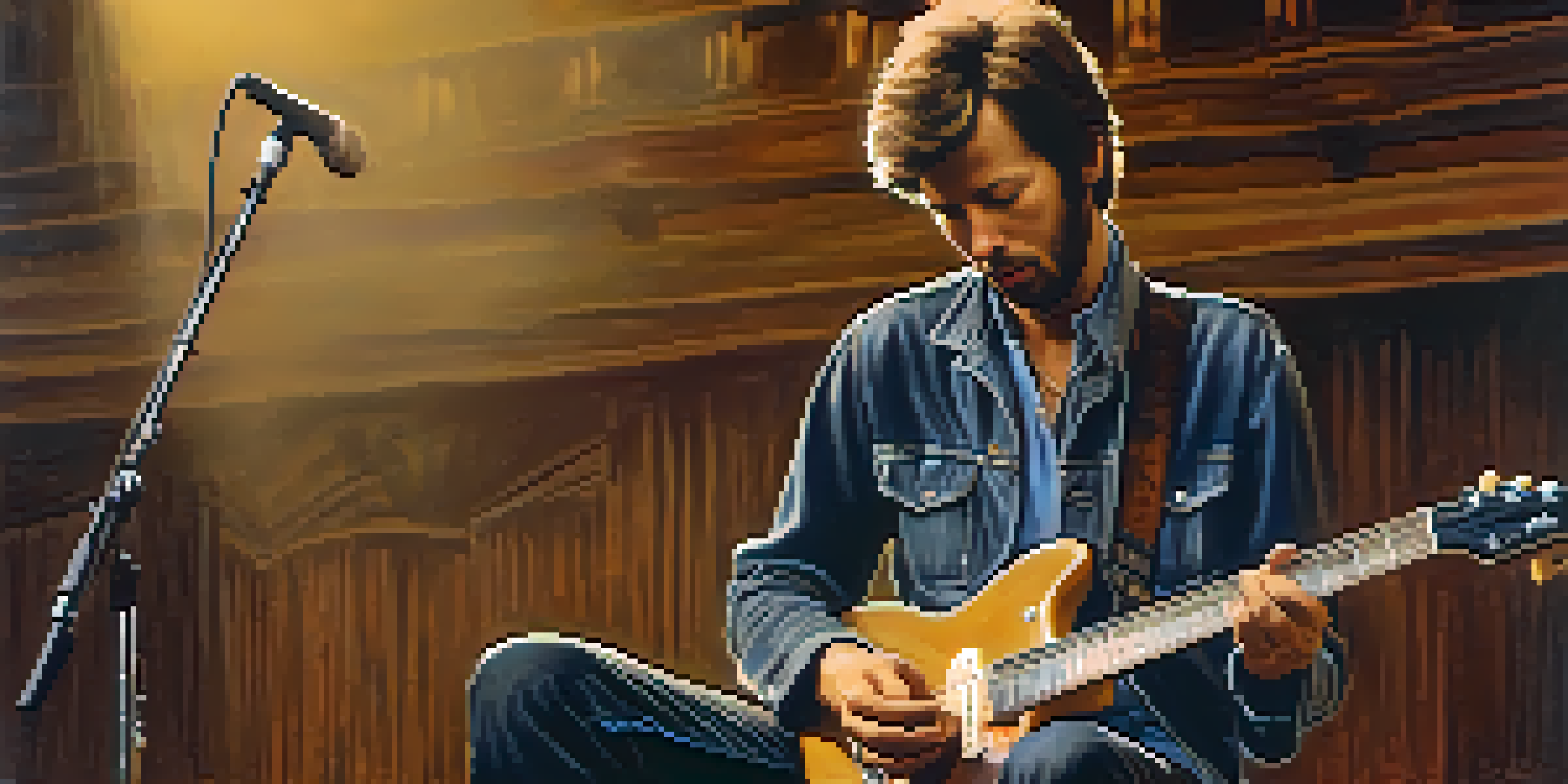 A young Eric Clapton performing on stage with a vintage electric guitar, under soft golden light, captivating the audience.