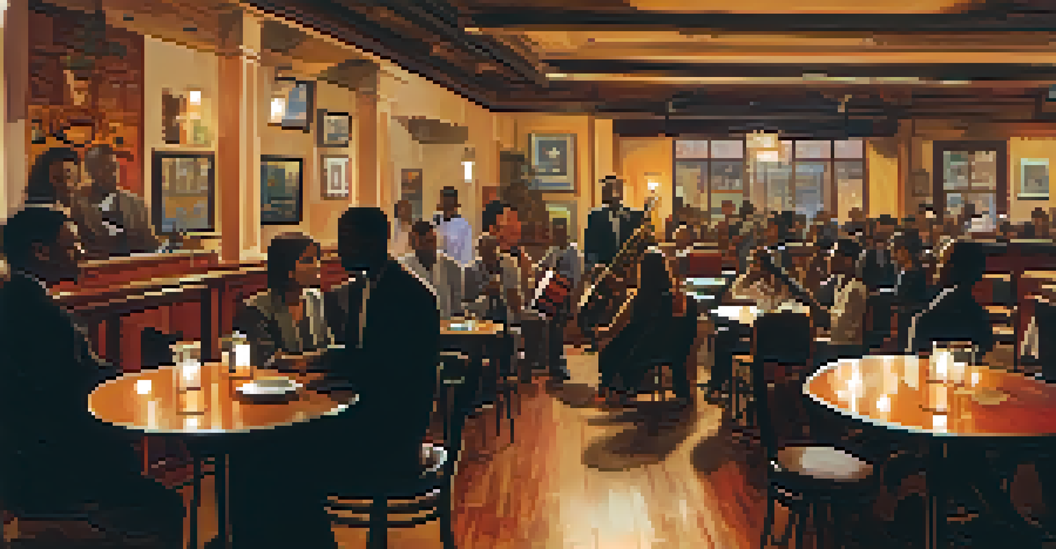 A cozy jazz cafe with patrons enjoying live music and a band performing in the background.