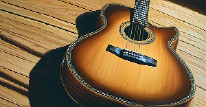 A hollow body guitar on a wooden table with warm sunlight highlighting its wood grain and vintage inlays.