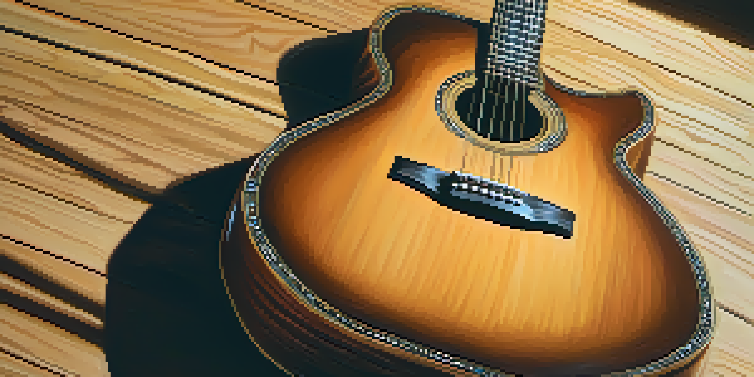 A hollow body guitar on a wooden table with warm sunlight highlighting its wood grain and vintage inlays.