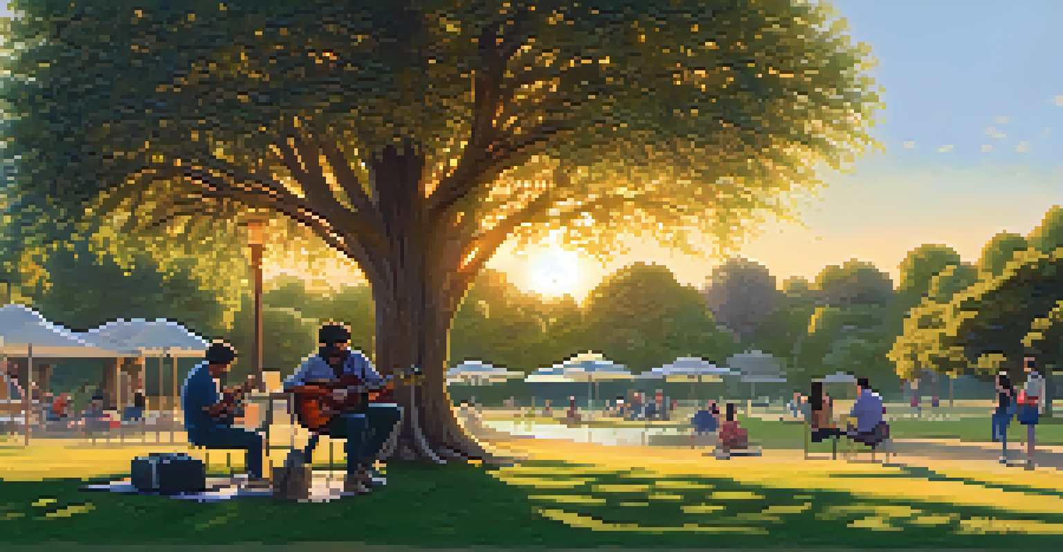 A guitarist plays acoustic guitar outdoors under a tree as an artist paints and an audience listens in the golden sunlight.