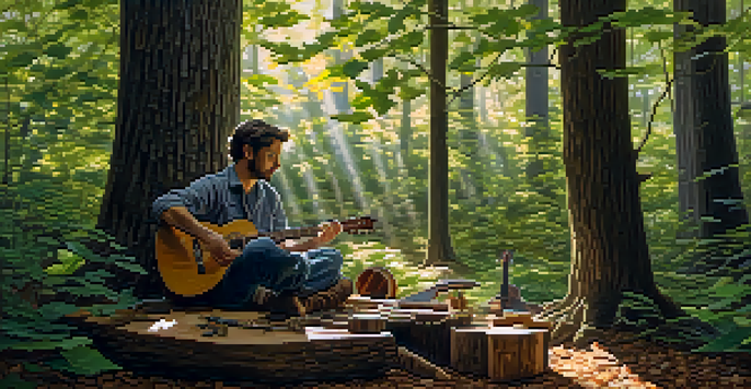A luthier crafting a guitar from reclaimed wood in a sunlit forest, surrounded by trees and tools.