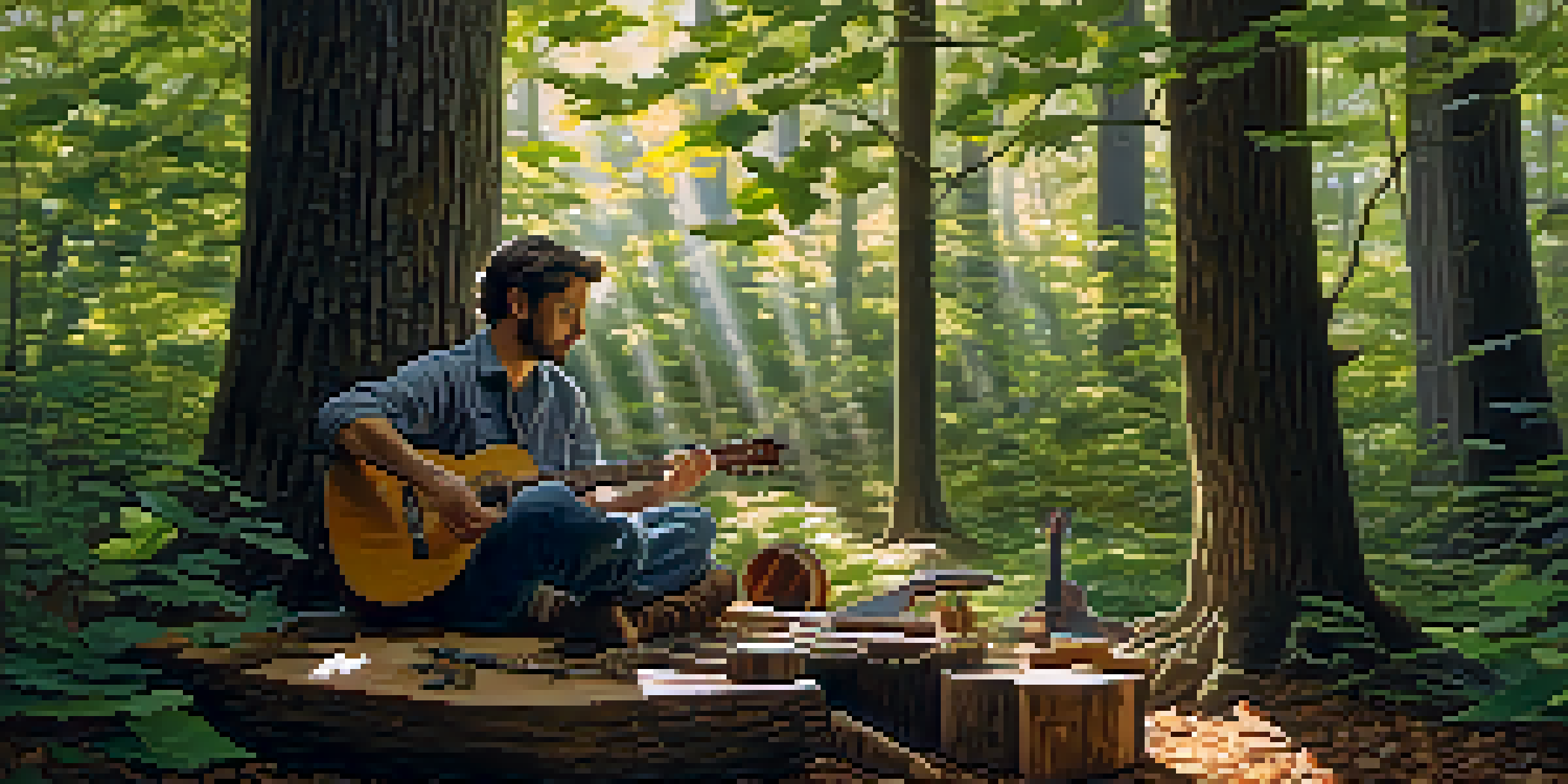 A luthier crafting a guitar from reclaimed wood in a sunlit forest, surrounded by trees and tools.
