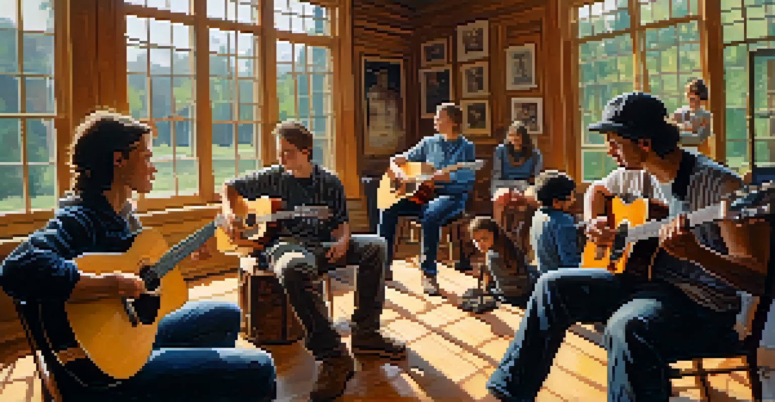 An intimate guitar workshop with aspiring musicians learning from a seasoned guitarist in a sunlit room.