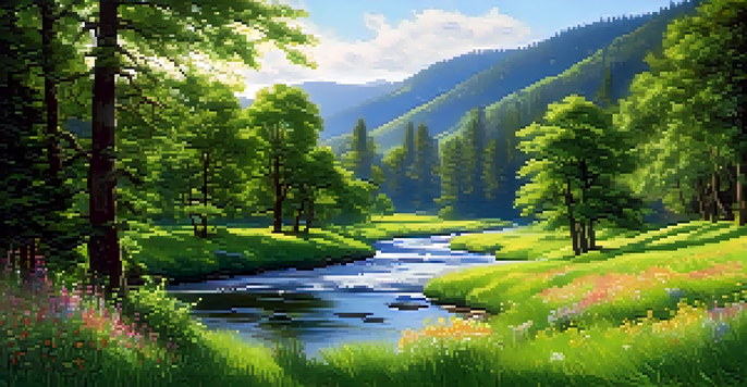 A tranquil river meandering through a vibrant green valley filled with wildflowers, under a clear blue sky with white clouds.