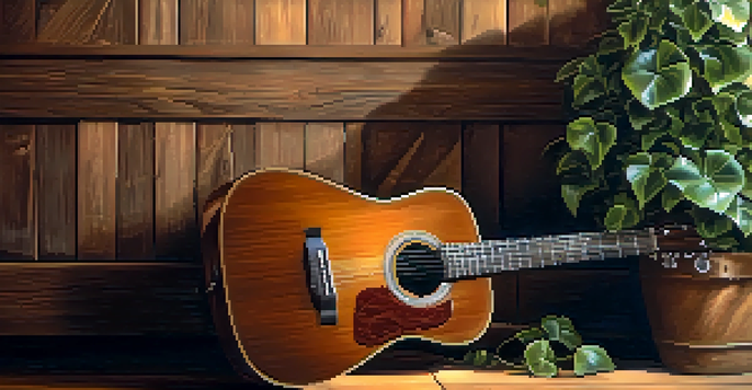 An acoustic guitar leaning against a rustic wooden wall with warm lighting, showcasing its wood grain and shiny strings, accompanied by a small potted plant.