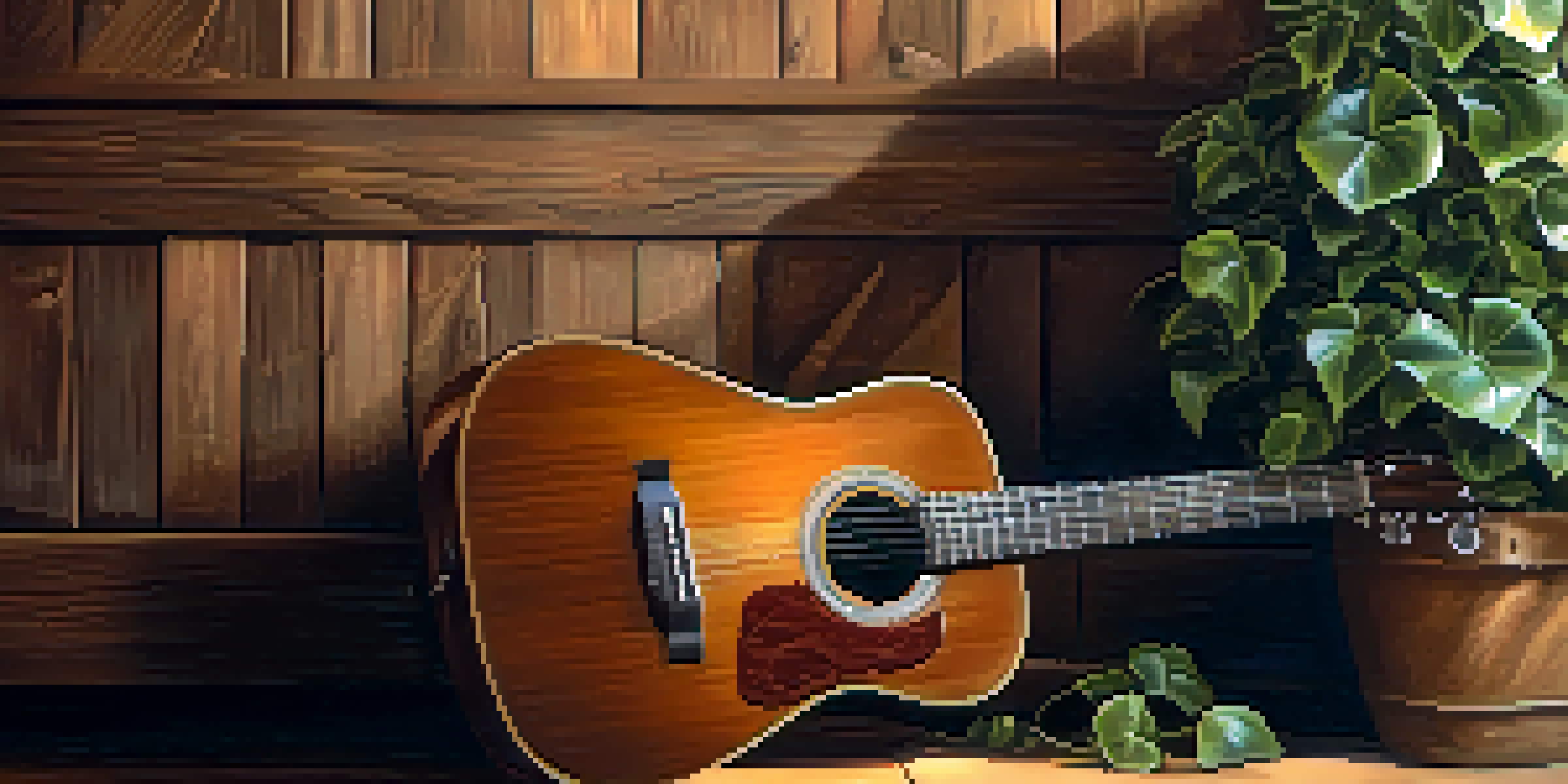 An acoustic guitar leaning against a rustic wooden wall with warm lighting, showcasing its wood grain and shiny strings, accompanied by a small potted plant.