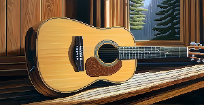 A close-up view of an acoustic guitar on a wooden table, with soft light highlighting its spruce top and inlays.