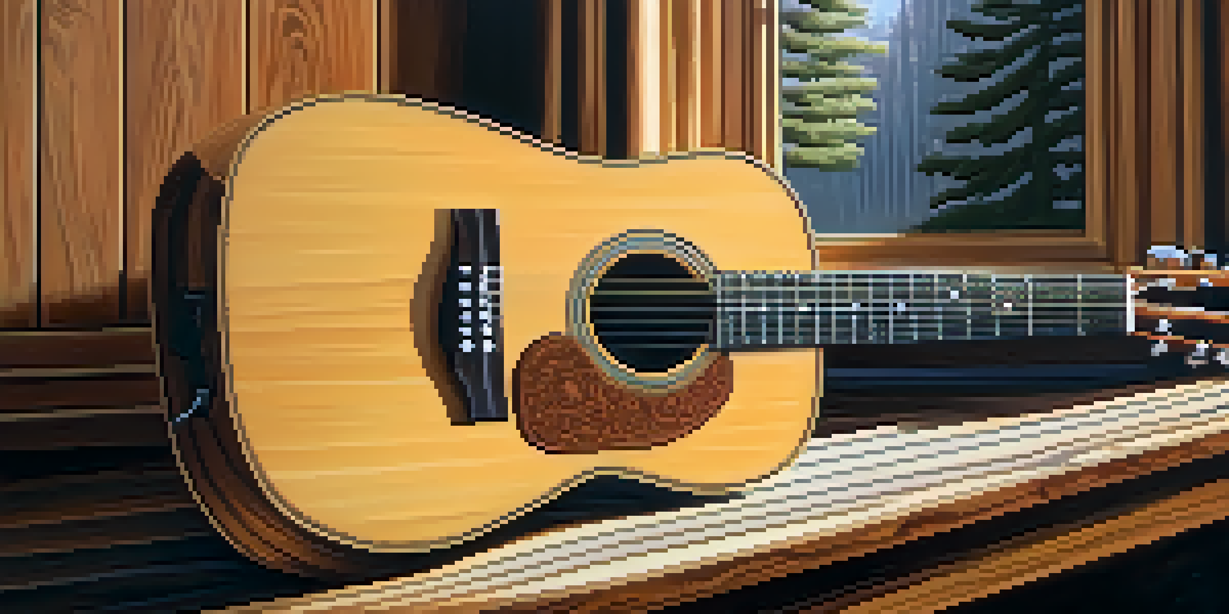 A close-up view of an acoustic guitar on a wooden table, with soft light highlighting its spruce top and inlays.