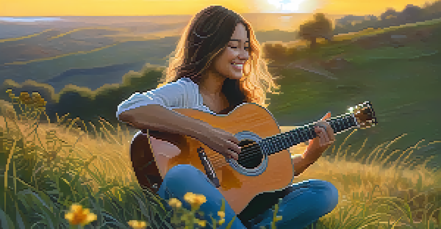A young female guitarist sitting on a hill, playing an acoustic guitar during sunset.