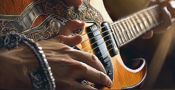 A close-up of a guitarist's hands playing an electric guitar, showcasing the strings and frets with warm ambient lighting in the background.