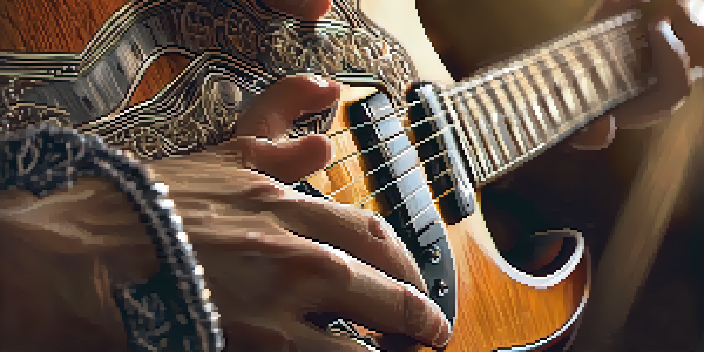 A close-up of a guitarist's hands playing an electric guitar, showcasing the strings and frets with warm ambient lighting in the background.