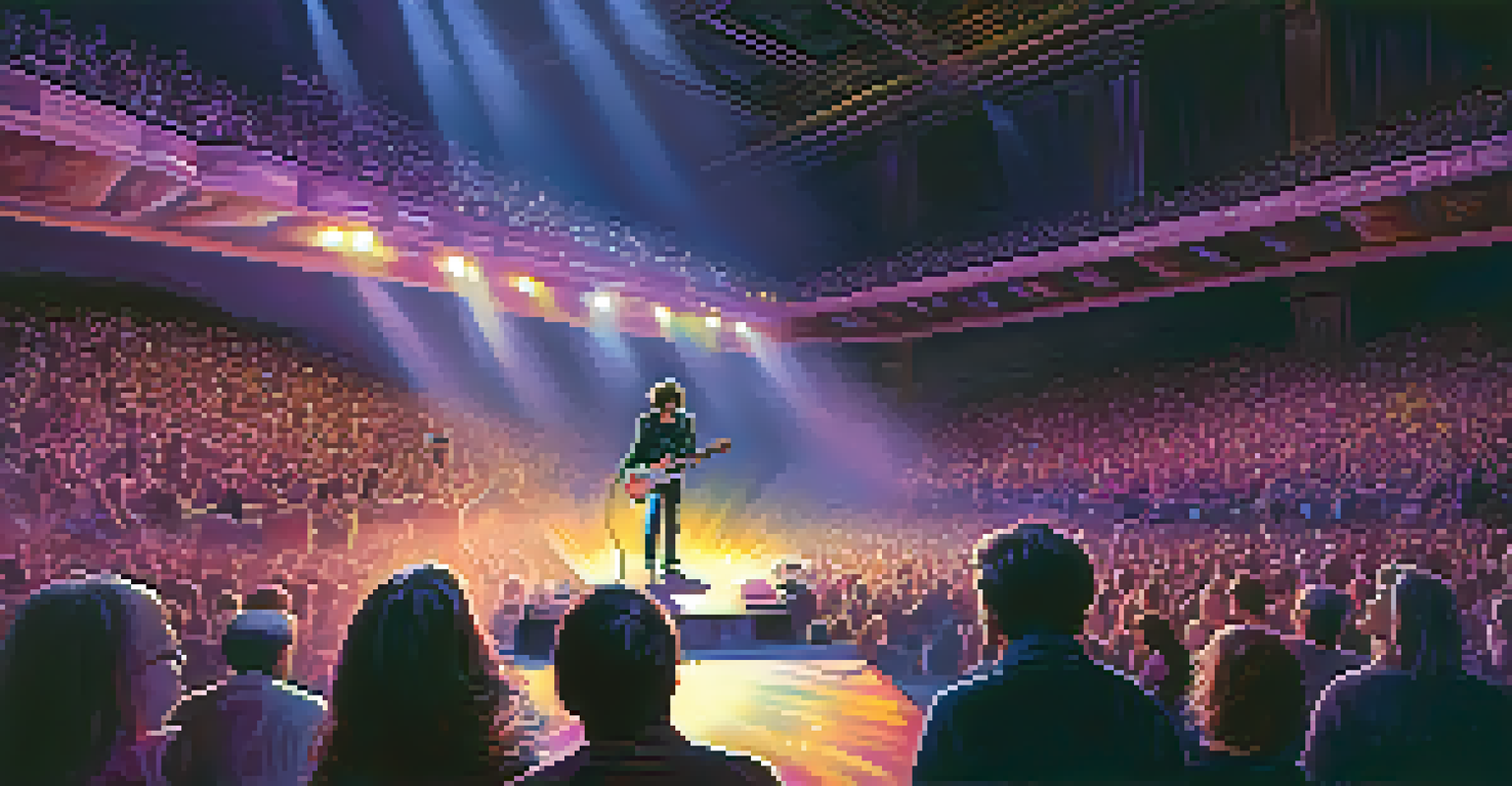 A guitarist performing on stage with expressive lighting and an engaged audience in the foreground.
