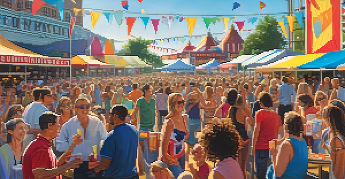 A lively summer festival scene with a crowd enjoying live music by a guitarist on stage, surrounded by colorful banners and food stalls.