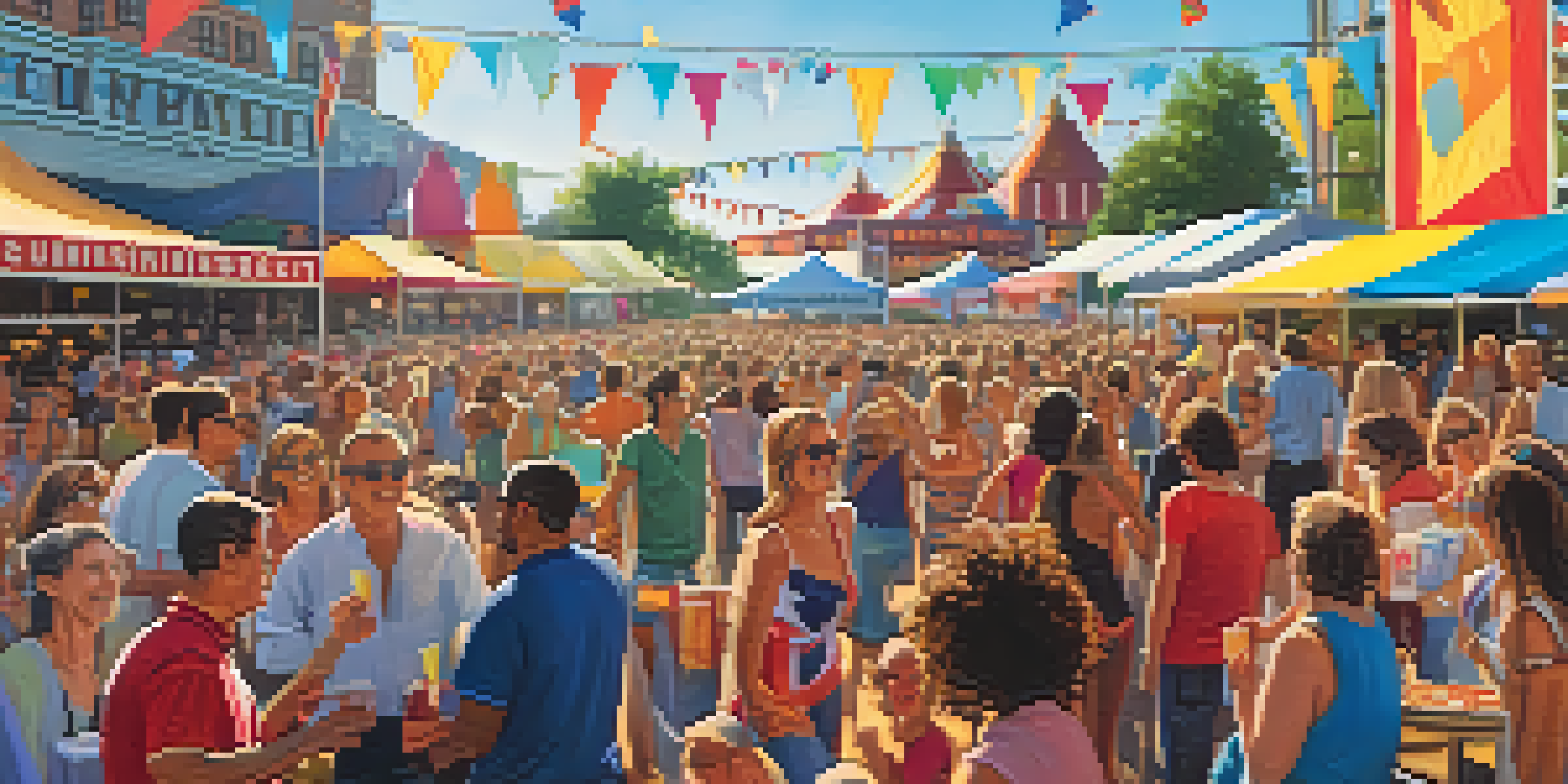A lively summer festival scene with a crowd enjoying live music by a guitarist on stage, surrounded by colorful banners and food stalls.