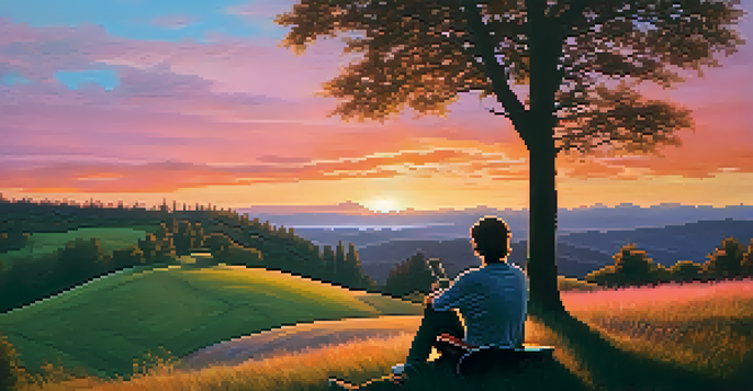 A person playing an acoustic guitar on a grassy hill at sunset, surrounded by trees and a colorful sky.
