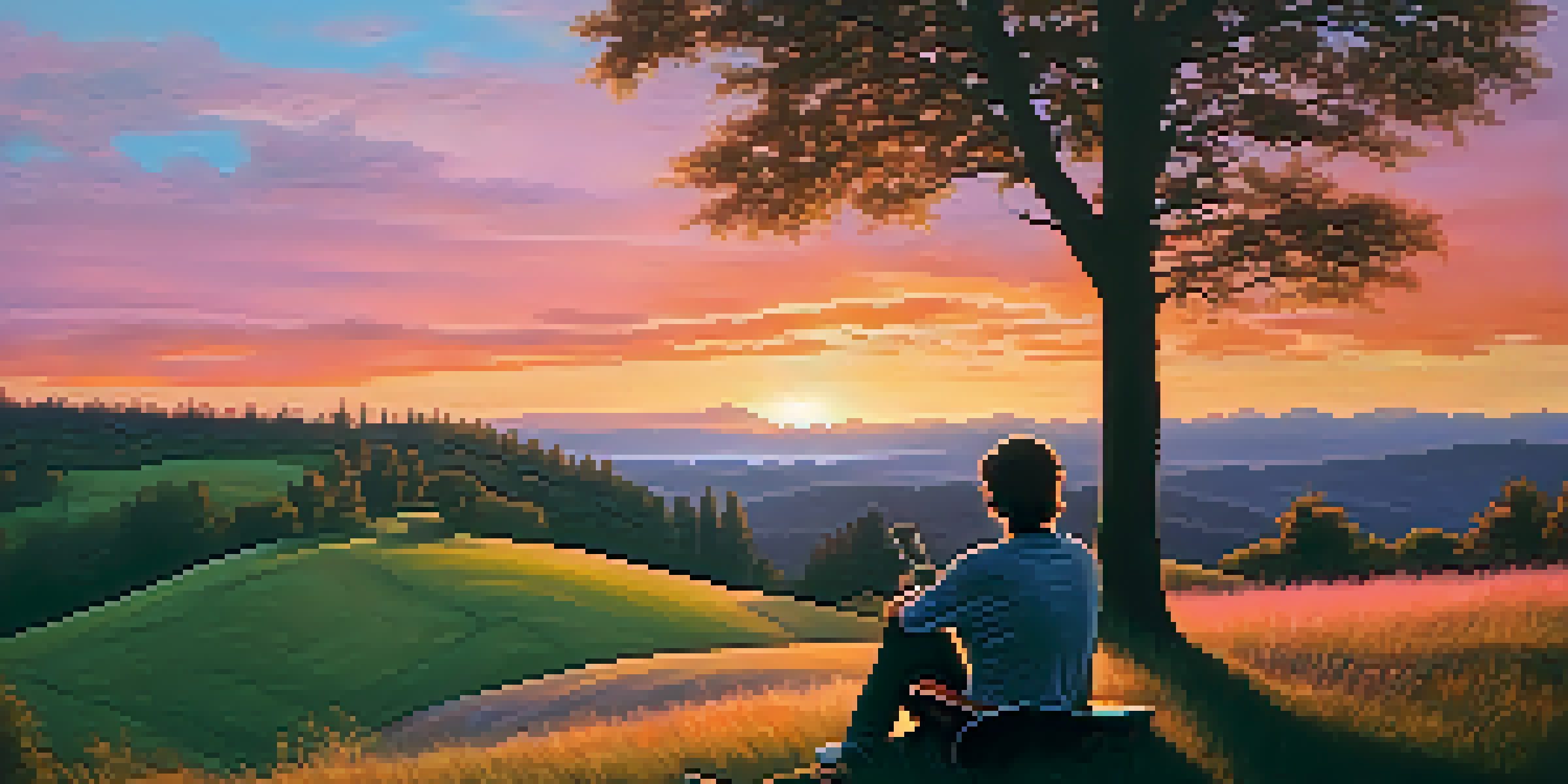 A person playing an acoustic guitar on a grassy hill at sunset, surrounded by trees and a colorful sky.