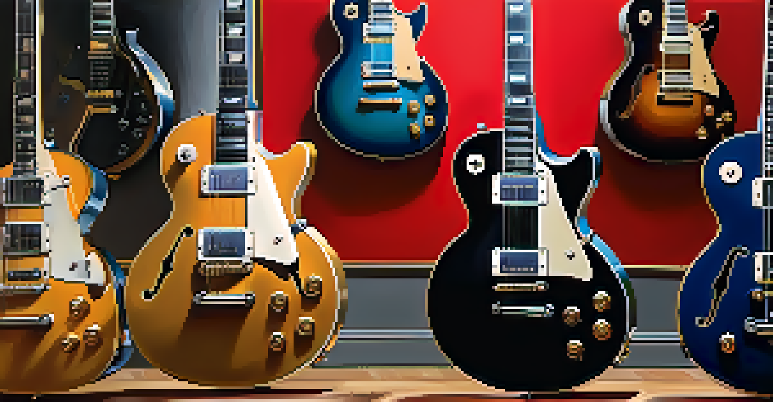 A display of iconic guitars, including the Les Paul model, spotlighted in a gallery setting, highlighting their unique designs and craftsmanship.