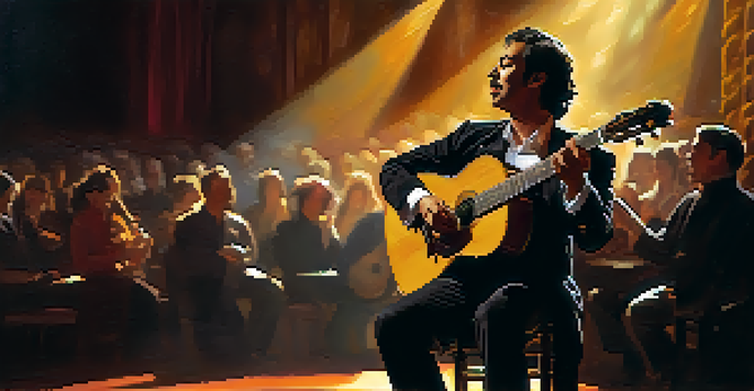 A Flamenco guitarist passionately playing on stage with warm lighting and an engaged audience in the background.