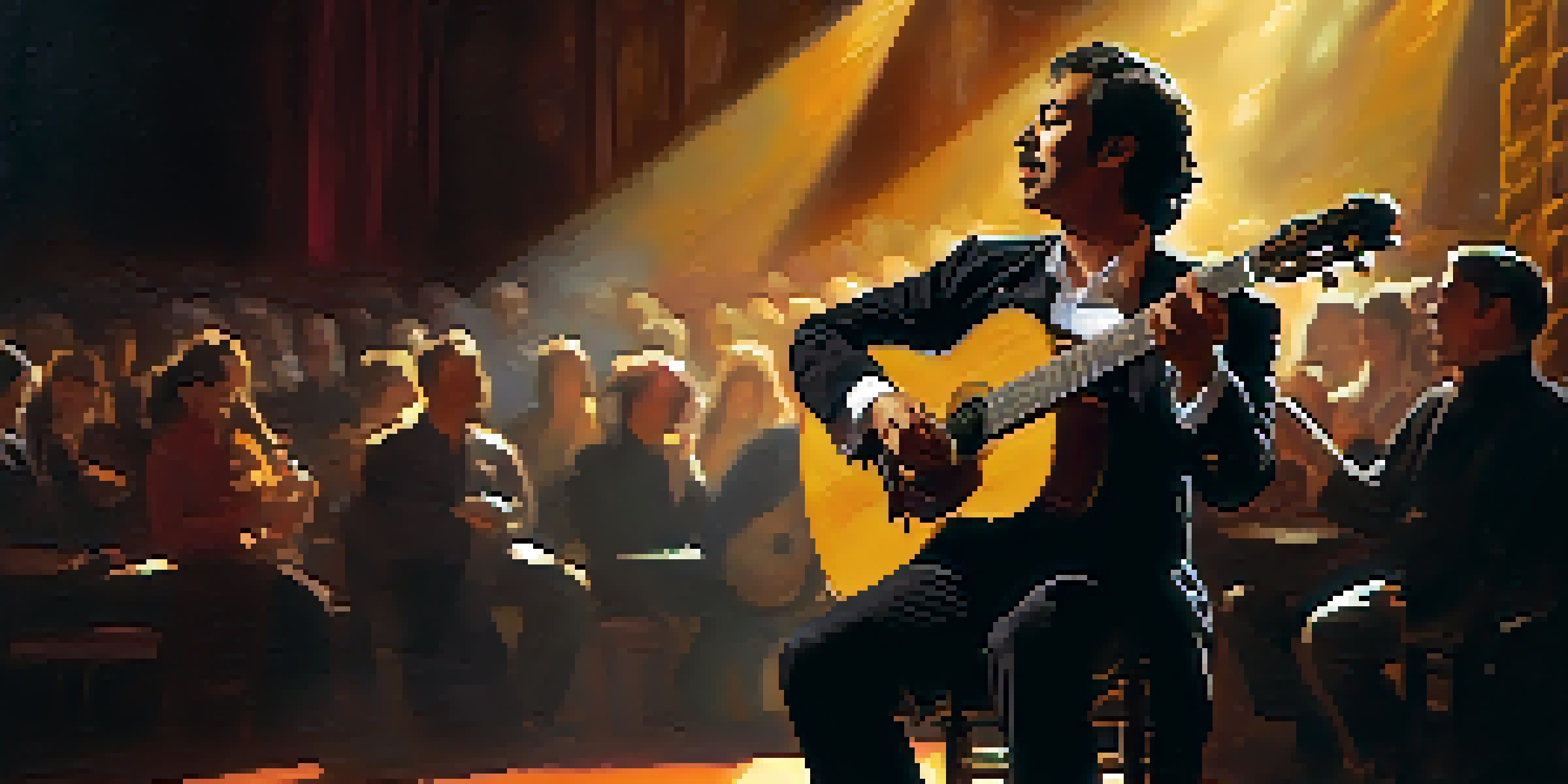 A Flamenco guitarist passionately playing on stage with warm lighting and an engaged audience in the background.
