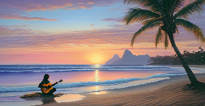 A musician playing a Brazilian guitar on a beach at sunset, with soft pastel colors in the sky and gentle waves in the water.