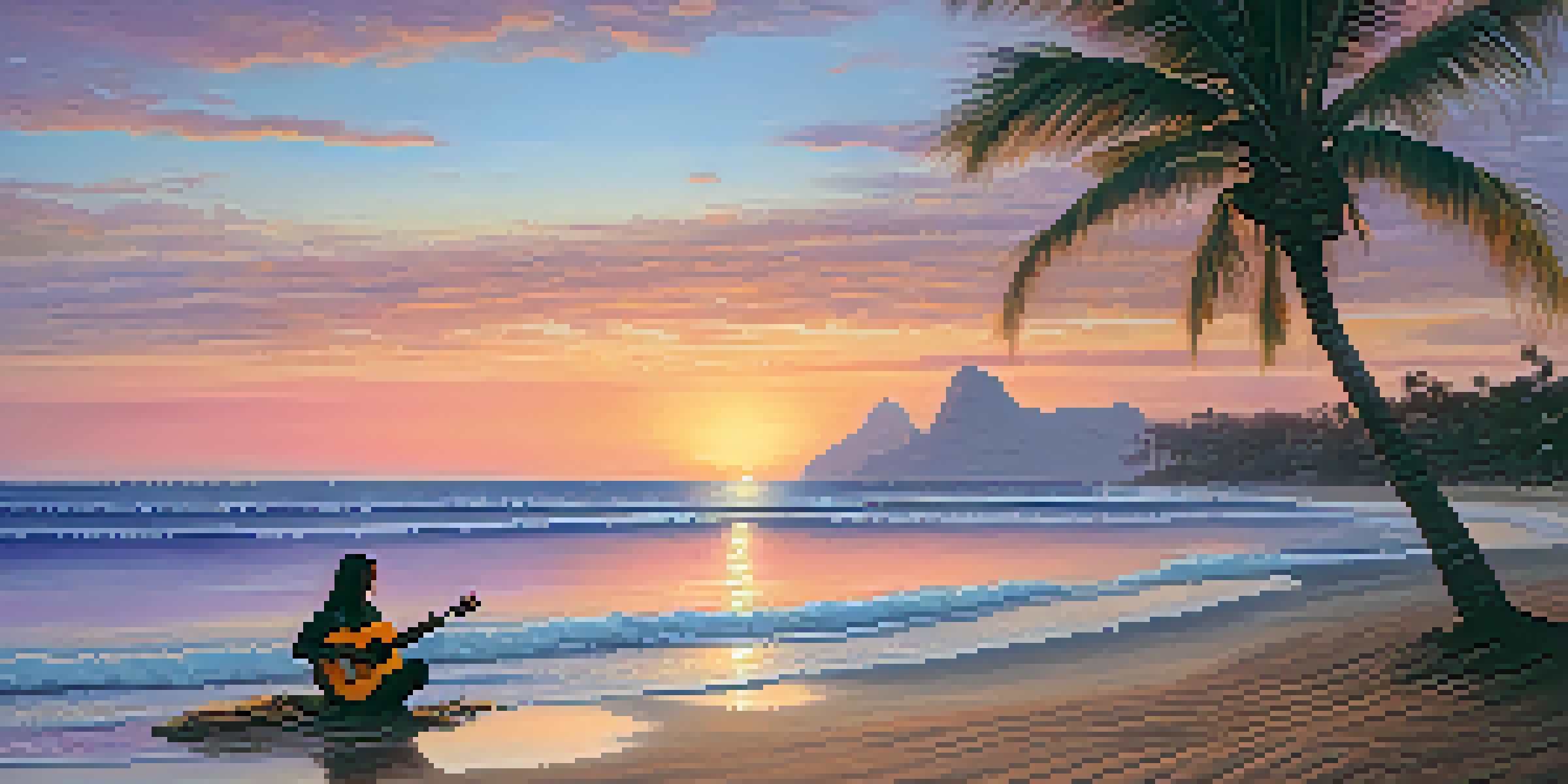 A musician playing a Brazilian guitar on a beach at sunset, with soft pastel colors in the sky and gentle waves in the water.