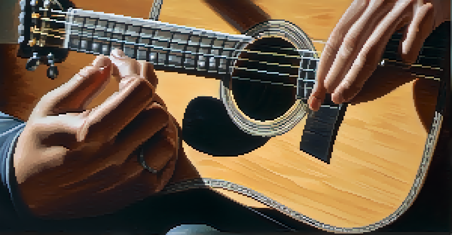 A close-up of hands strumming an acoustic guitar, highlighting the instrument's details.