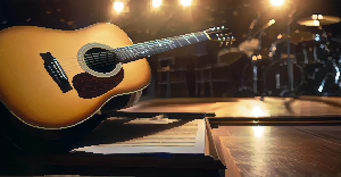 A close-up of an acoustic guitar on a wooden stage with warm lighting and blurred musicians in the background.