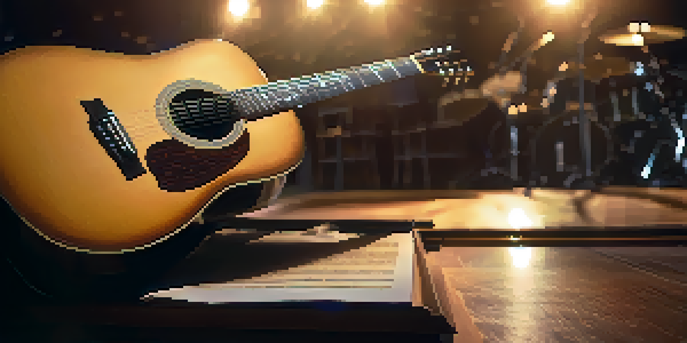 A close-up of an acoustic guitar on a wooden stage with warm lighting and blurred musicians in the background.