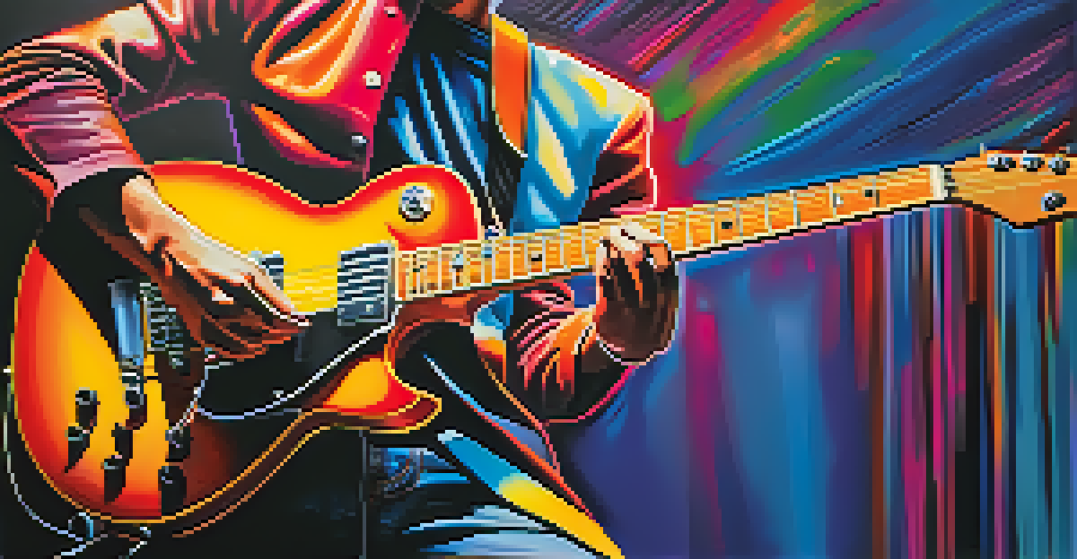 A guitarist passionately playing an electric guitar, highlighting their finger positioning on a barre chord amidst a colorful background.
