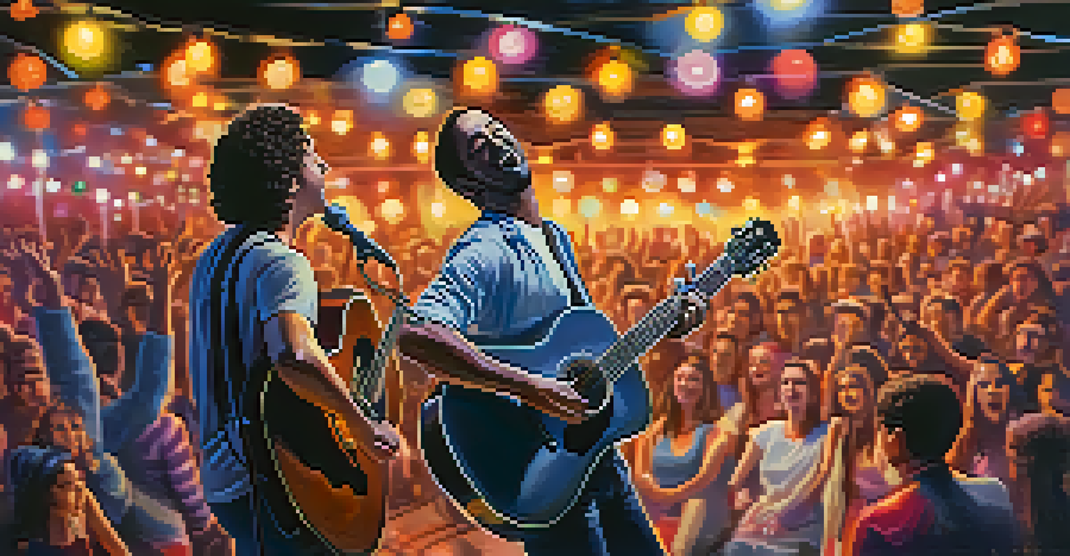 Two musicians collaborating on stage during a music festival, with one playing guitar and the other singing, surrounded by colorful lights and a cheering crowd.