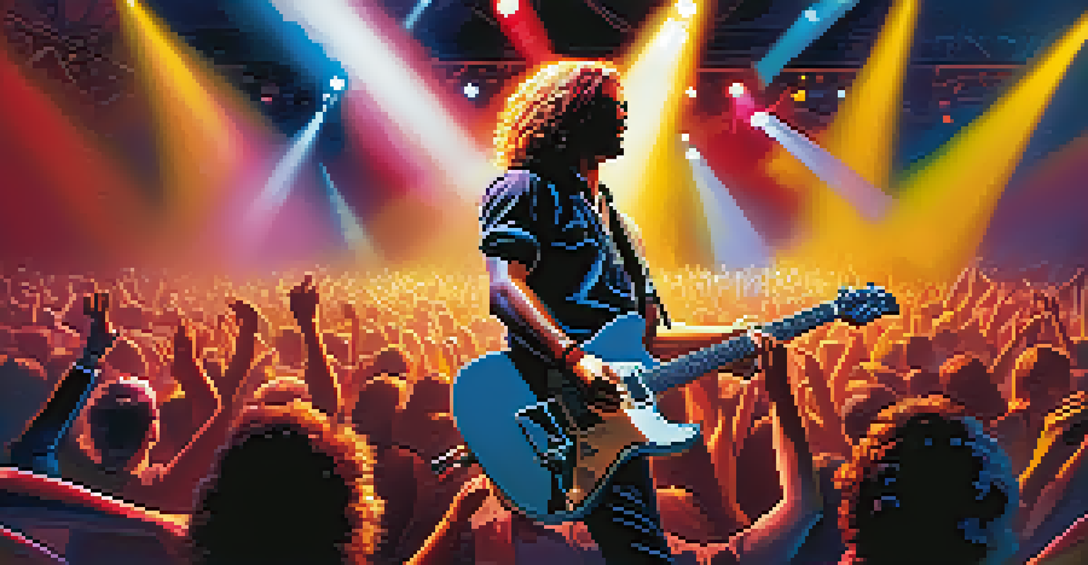 An electric guitarist performing at a lively rock concert, with colorful lights and an excited crowd.