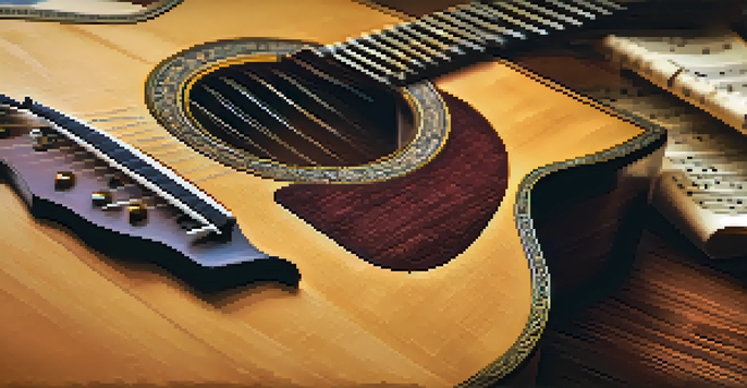 A close-up view of a Renaissance guitar on a wooden table with music sheets and a quill pen, bathed in soft, warm light.