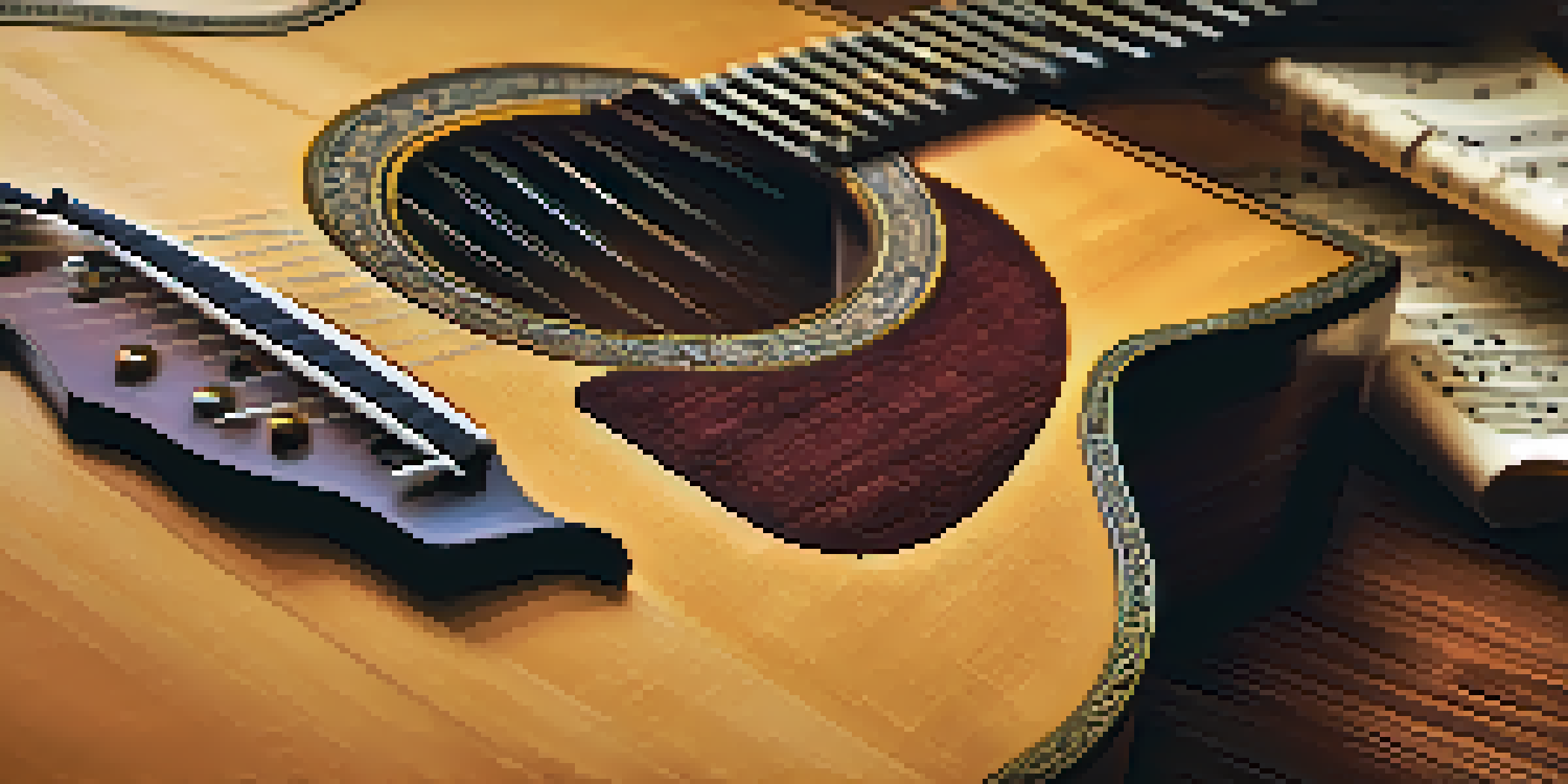 A close-up view of a Renaissance guitar on a wooden table with music sheets and a quill pen, bathed in soft, warm light.