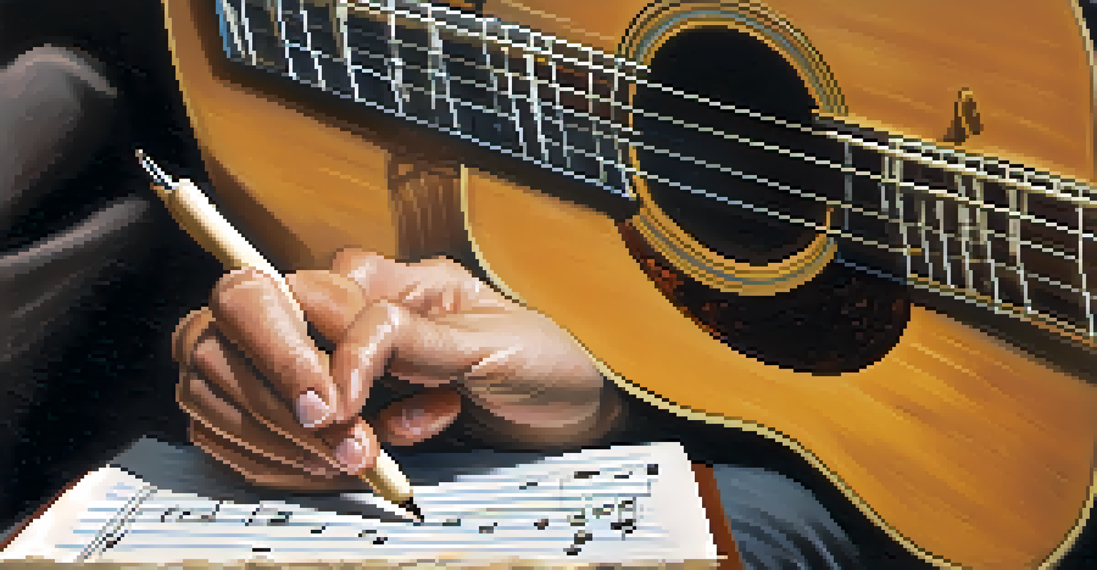 A close-up of a guitarist's hands transcribing music on a notepad, capturing the intricate details of fingers playing chords.
