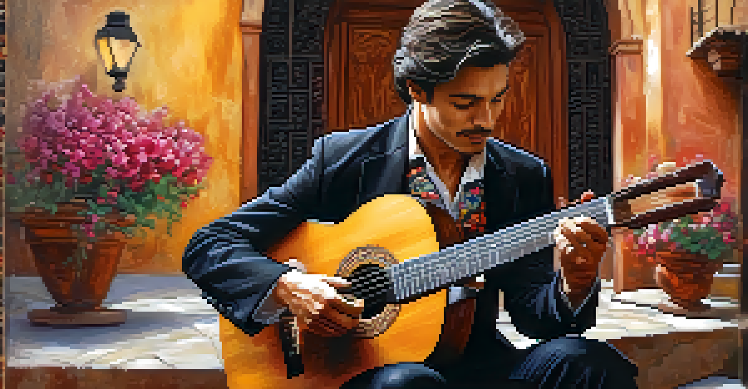 A flamenco guitarist in traditional dress, playing a guitar, set against a textured backdrop of a Spanish courtyard with colorful flowers.