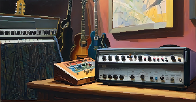A detailed view of a guitar effects pedalboard in a cozy studio setting, with warm lighting and a guitar in the background.