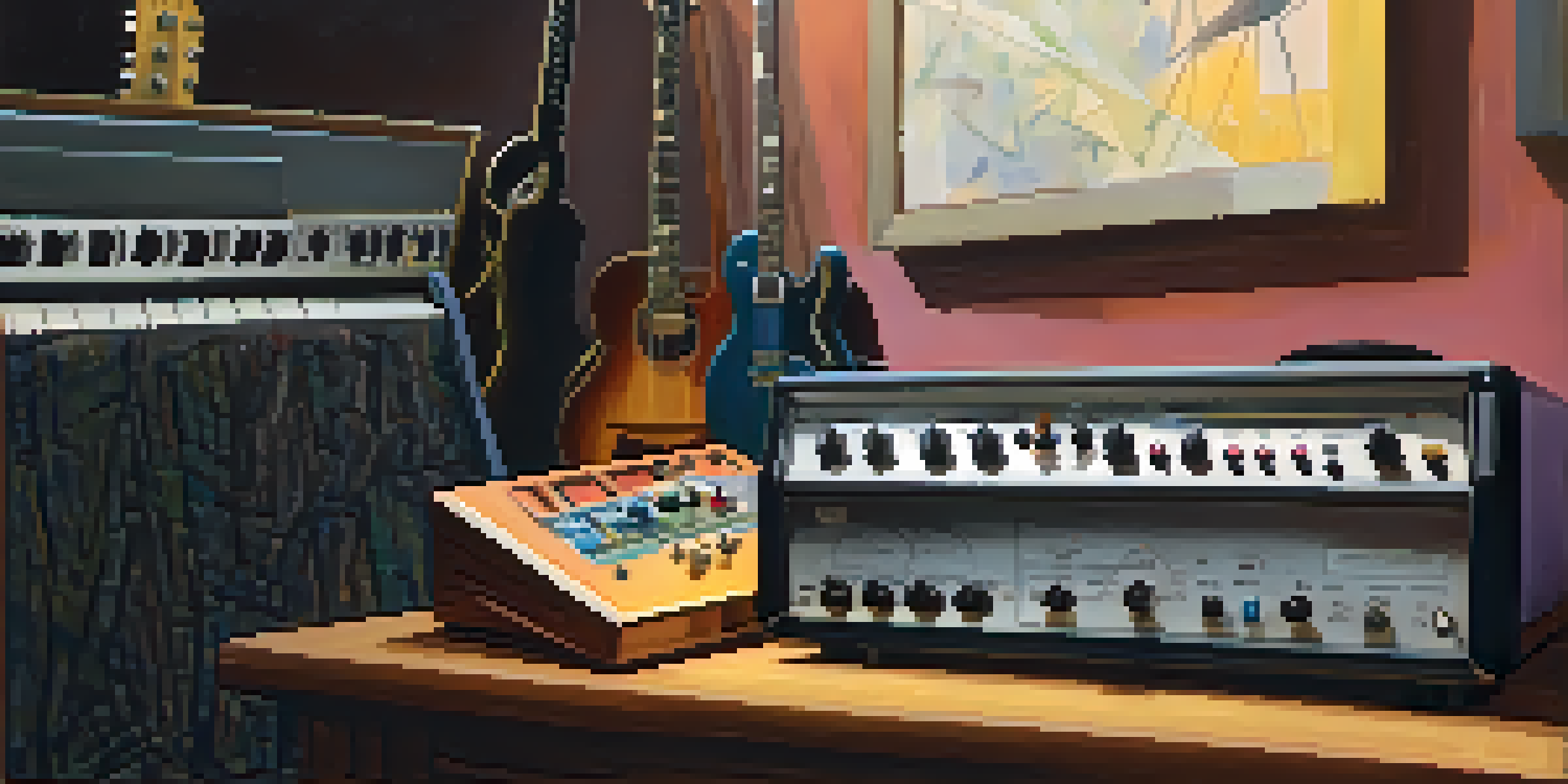 A detailed view of a guitar effects pedalboard in a cozy studio setting, with warm lighting and a guitar in the background.