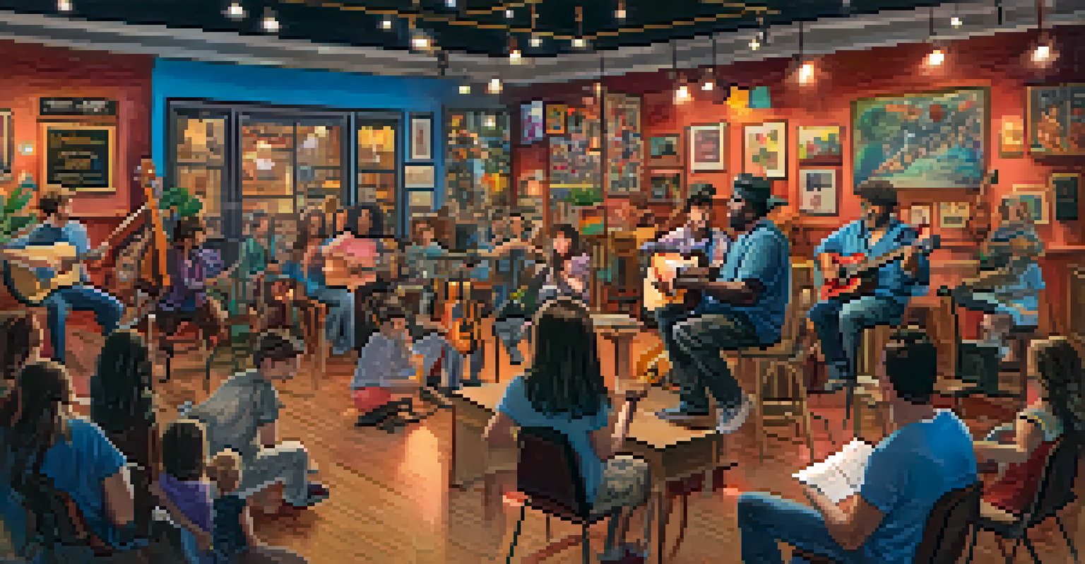 An open mic night at a guitar workshop, with a performer on stage and an engaged audience creating a festive atmosphere.