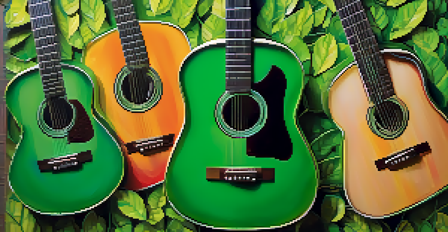 Eco-friendly guitar strings made from recycled materials arranged on a leaf background, highlighting sustainability in music.