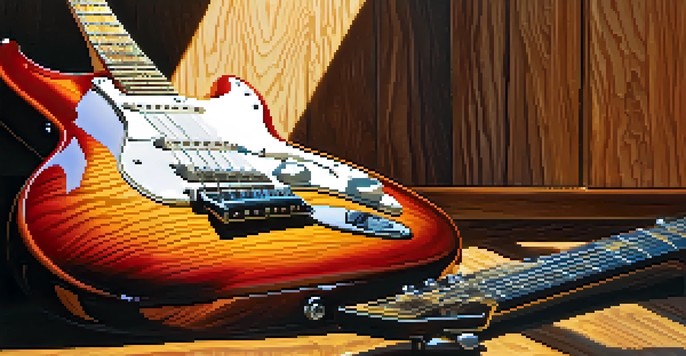 A close-up view of an electric guitar resting on a wooden stage with sunlight illuminating its finish.