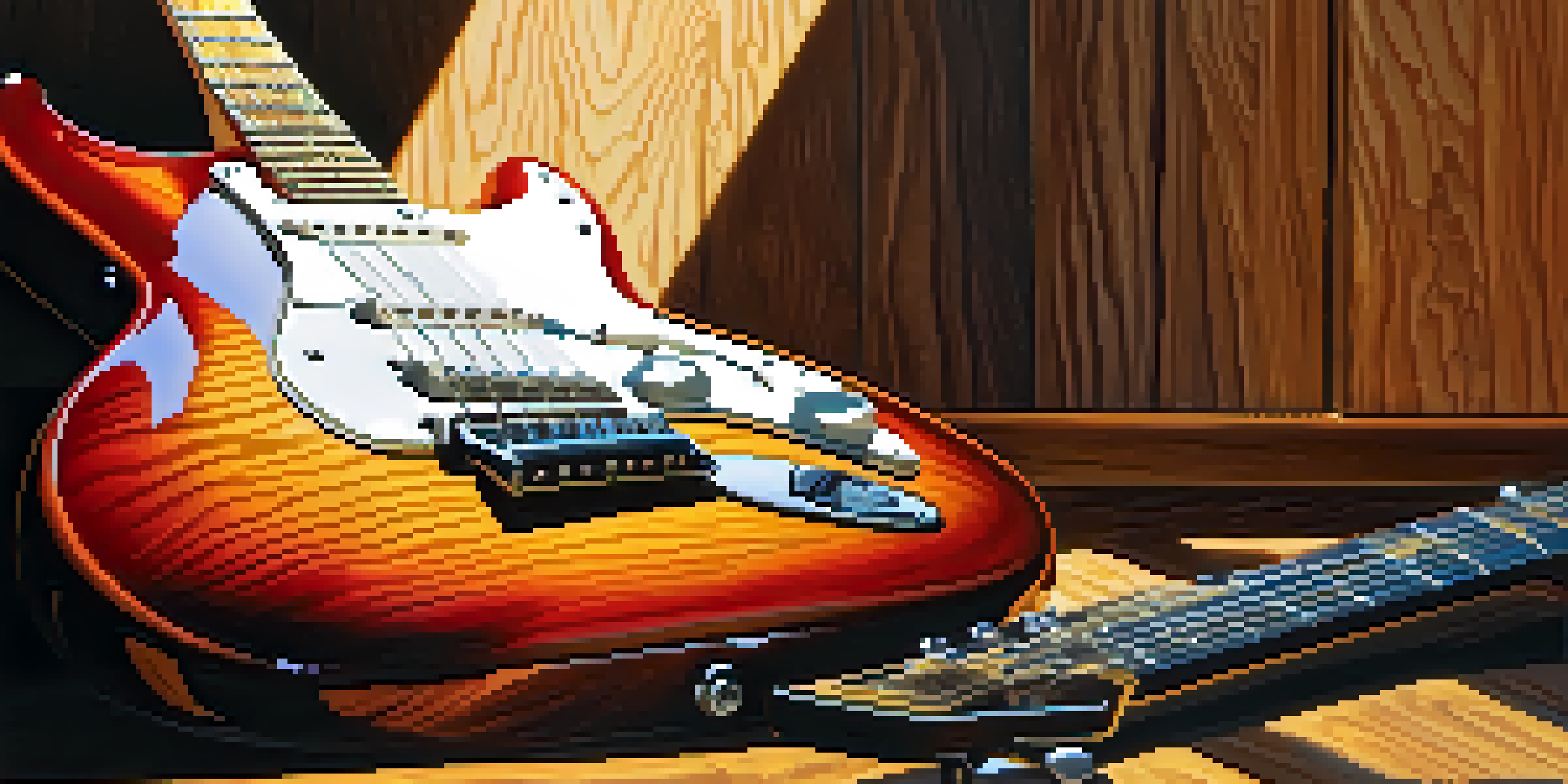 A close-up view of an electric guitar resting on a wooden stage with sunlight illuminating its finish.
