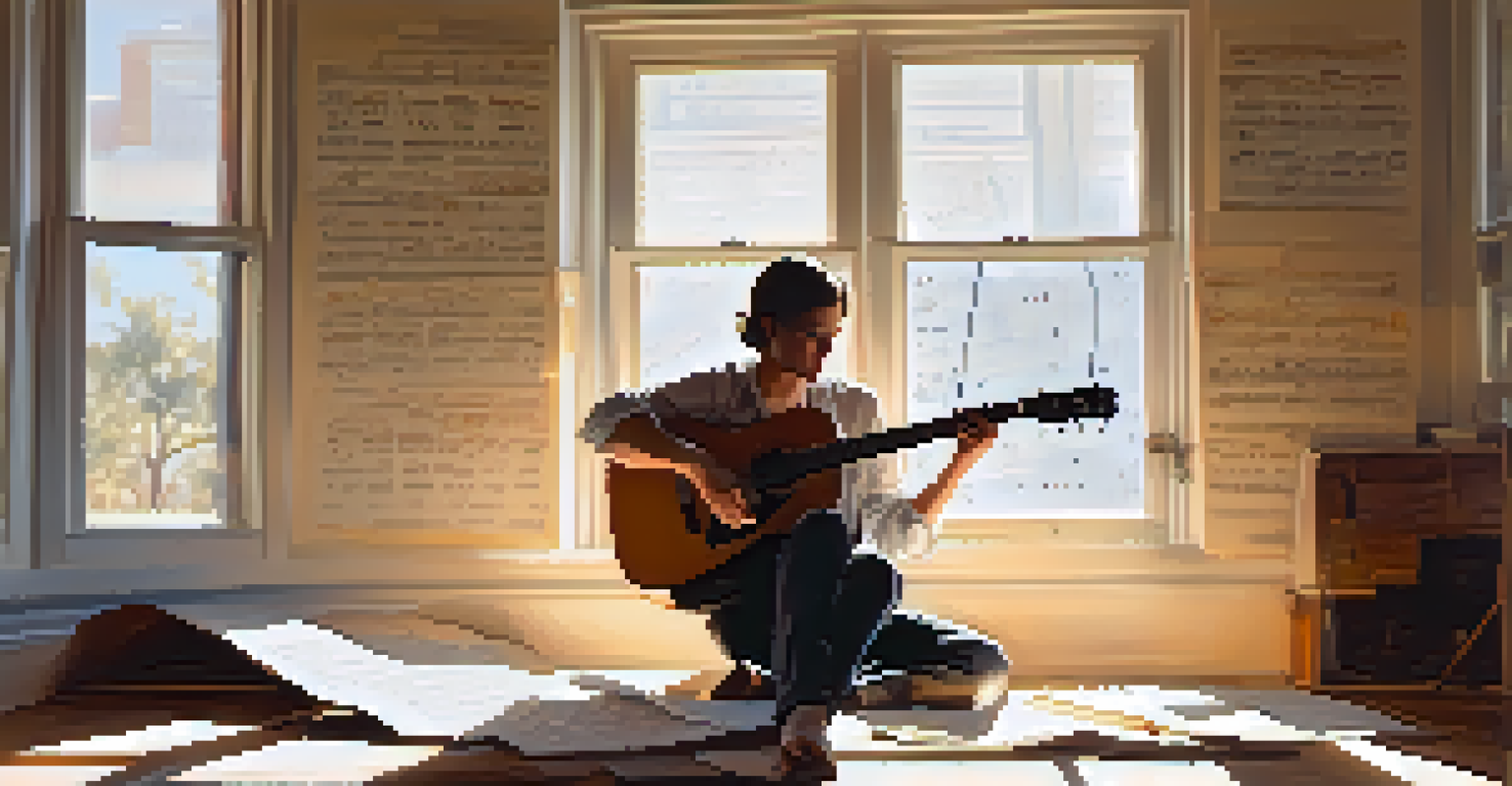 An artist playing guitar in a sunlit room filled with handwritten lyrics, capturing a moment of musical creativity and inspiration.