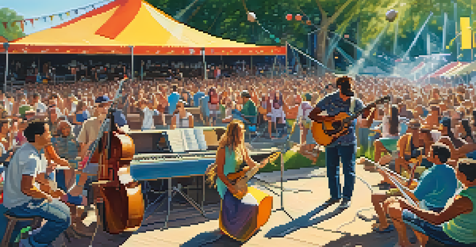 An outdoor summer music festival scene with a diverse crowd enjoying live performances, surrounded by colorful banners and sunlight filtering through trees.