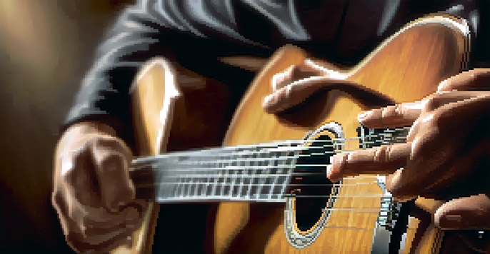 A close-up of a guitarist's hands strumming a guitar, with a blurred background and warm lighting.