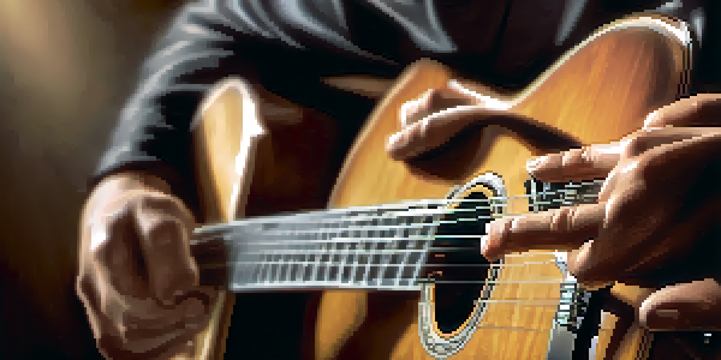 A close-up of a guitarist's hands strumming a guitar, with a blurred background and warm lighting.