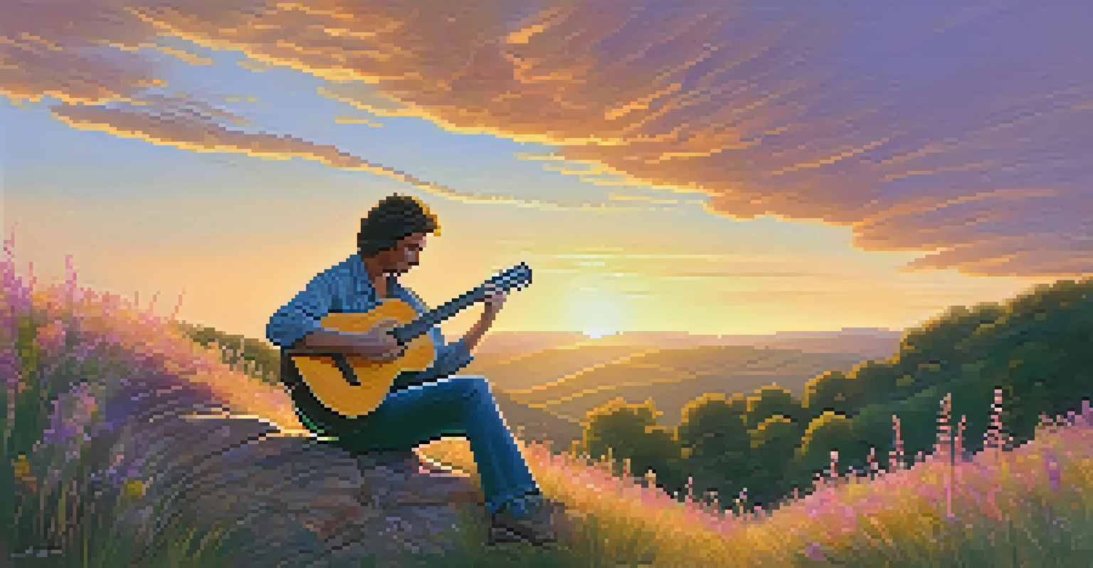 Musician sitting on a grassy hill playing an acoustic guitar at sunset, with golden light illuminating the scene and wildflowers swaying in the breeze.