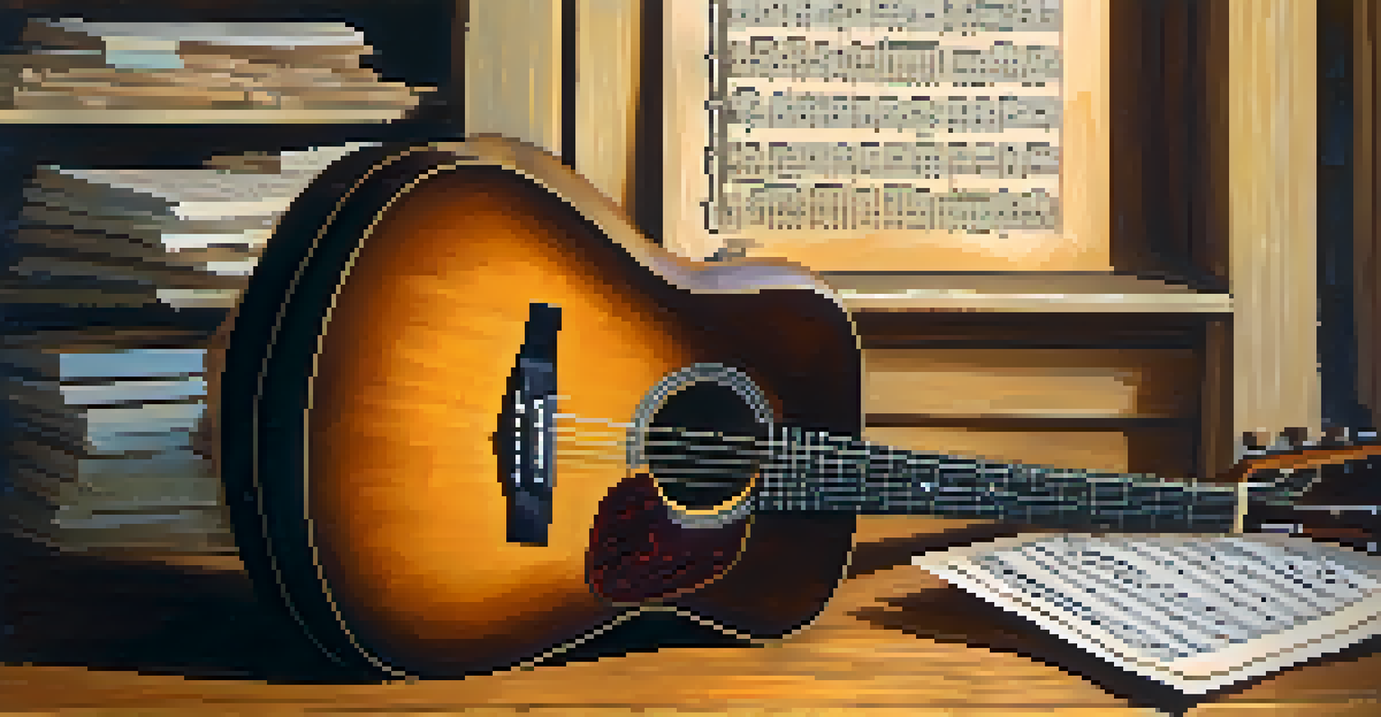 A guitar with a slide resting on the strings, surrounded by scattered sheet music on a wooden table, in warm lighting.