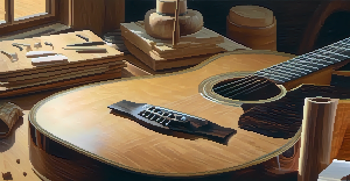 A luthier working on an acoustic guitar, with detailed wood grains visible and tools around.
