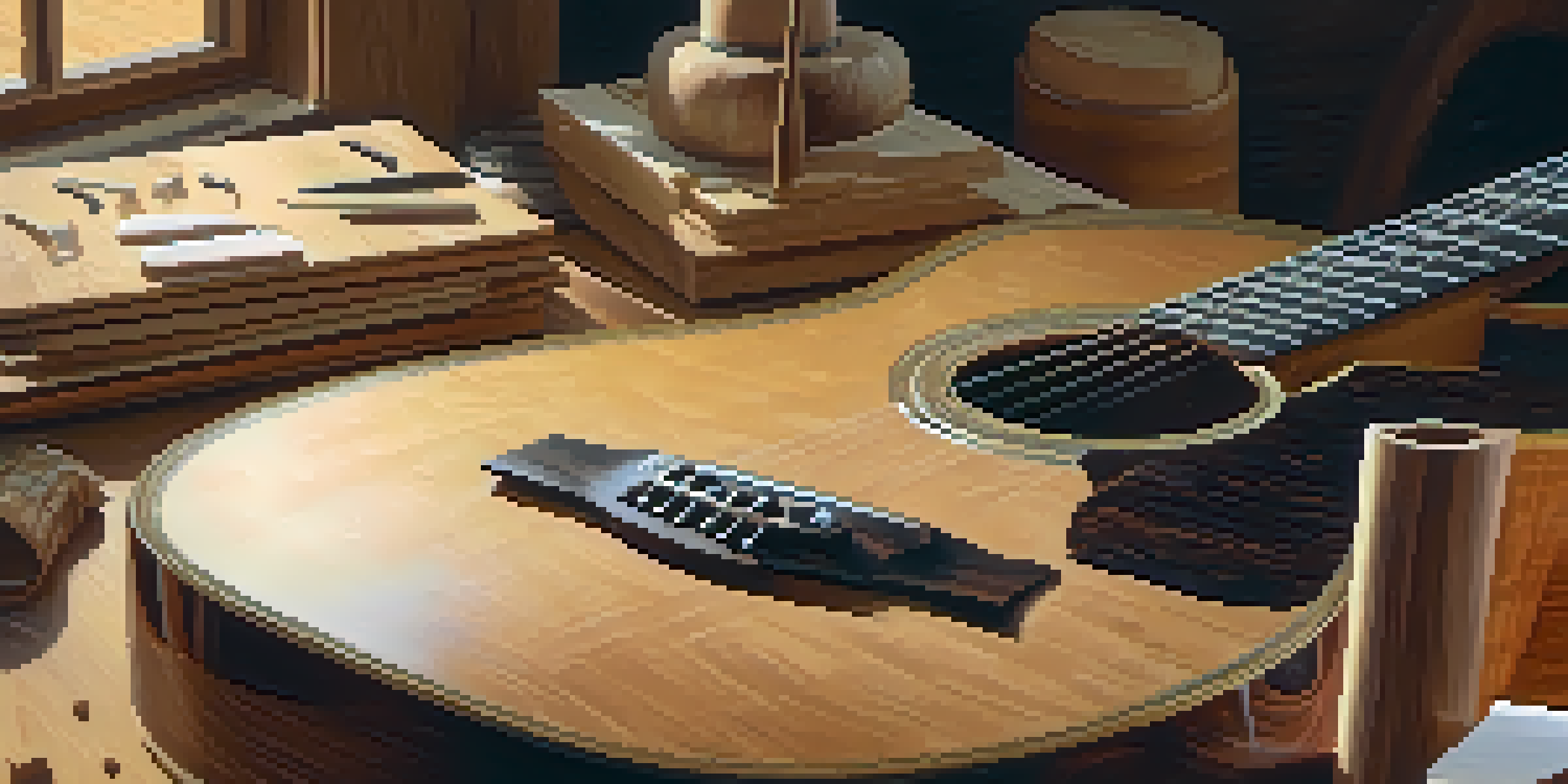 A luthier working on an acoustic guitar, with detailed wood grains visible and tools around.